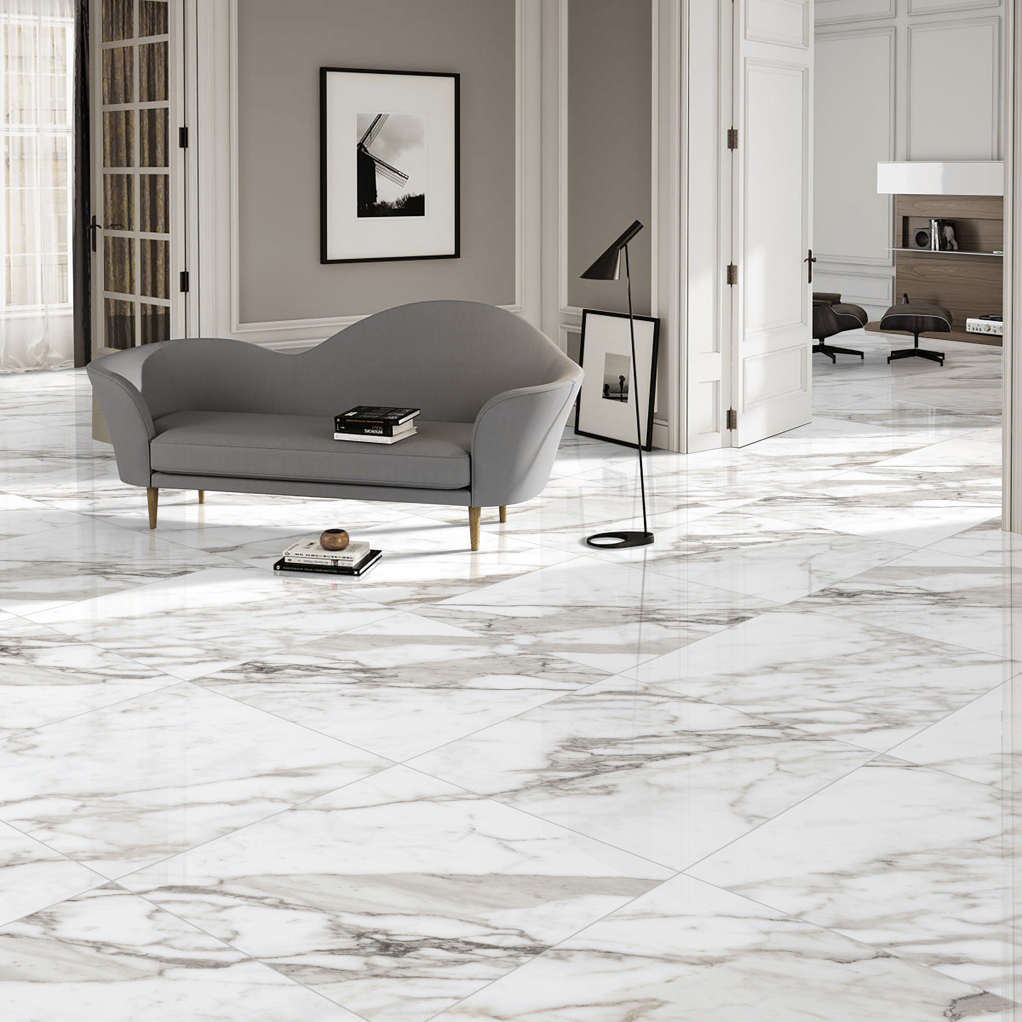 Natural Calacatta Marble Effect Polished Porcelain 60x60cm Wall and Floor Tile - Luxury Tiles UK