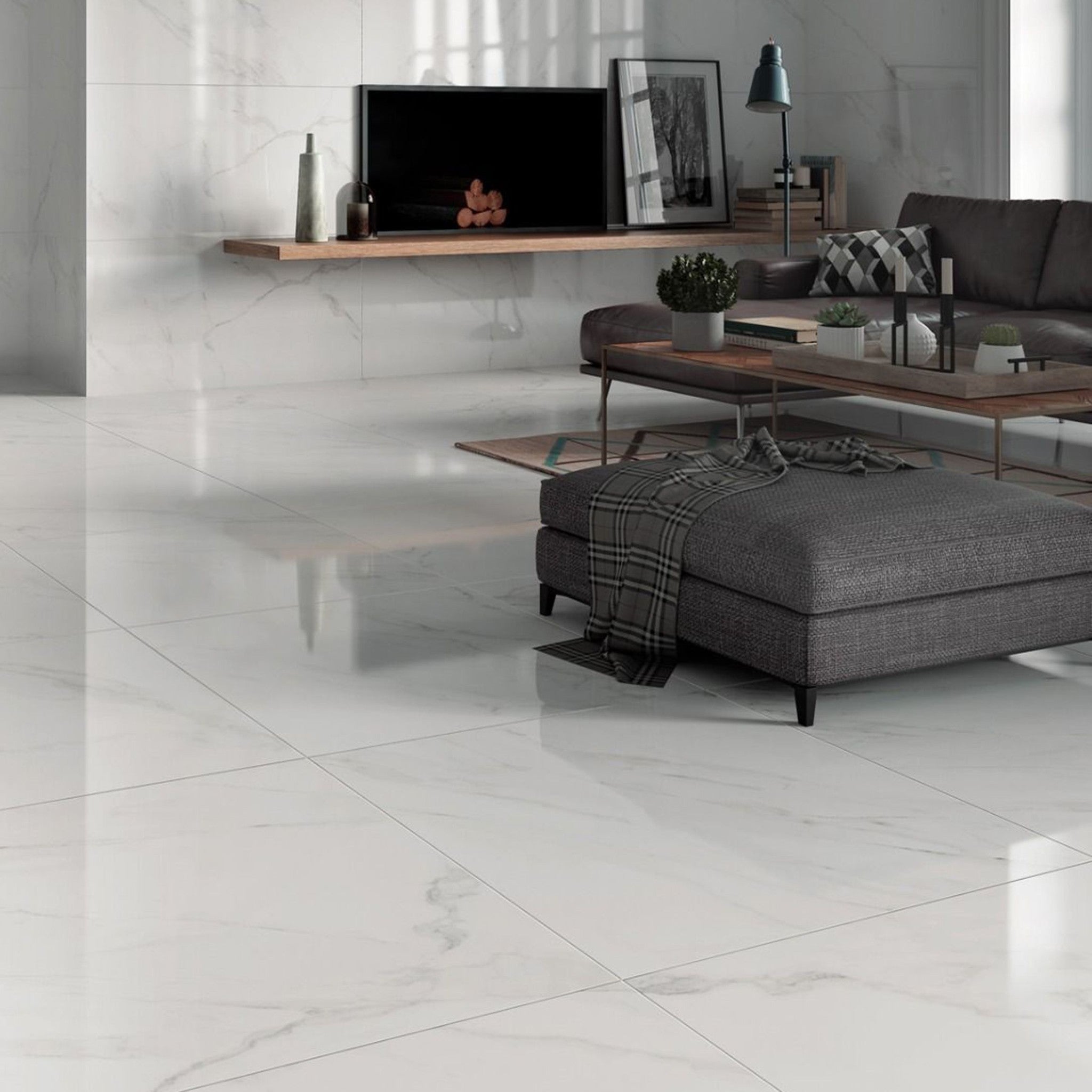 Bianca Polished White Marble EffectTile 800x800mm - Luxury Tiles UK