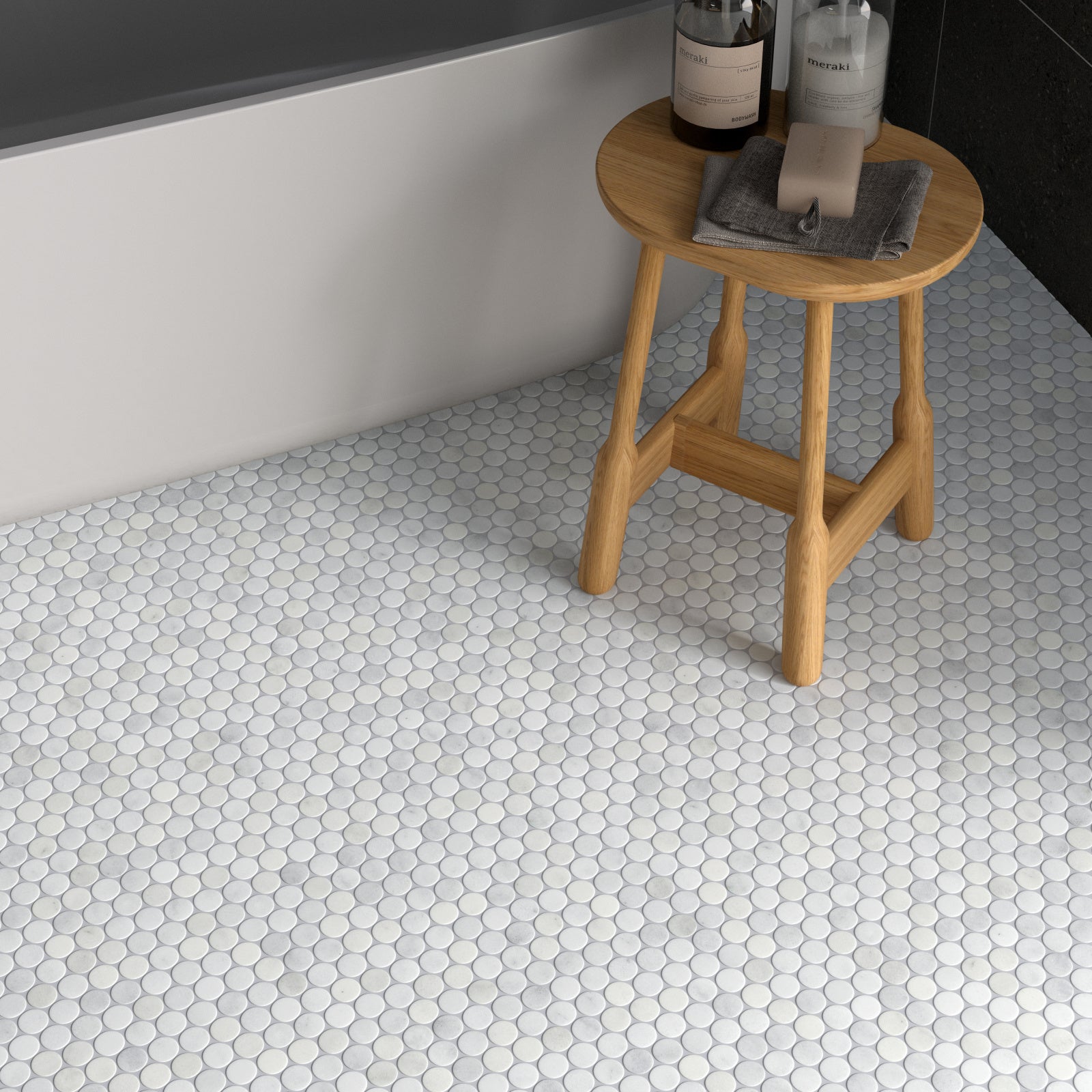 Carrara White Honed Penny Marble Mosaic 266 x 285 mm - Luxury Tiles UK