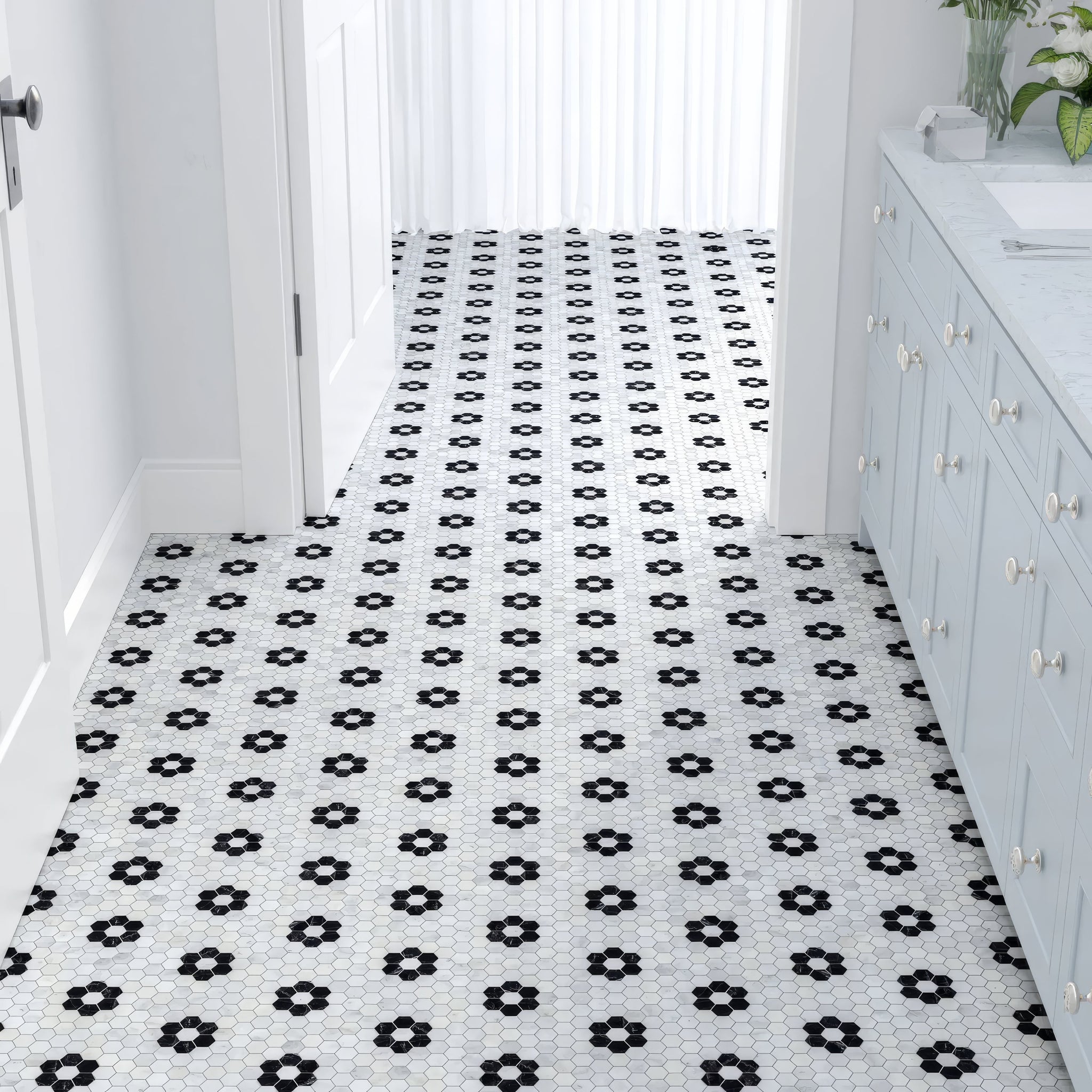 Carrara St Laurent Marble Flower Mosaic Tile - Luxury Tiles UK