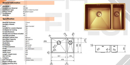 Midas Copper Undermount Large Kitchen  Sink 1.5 Bowl with base Luxury Tiles