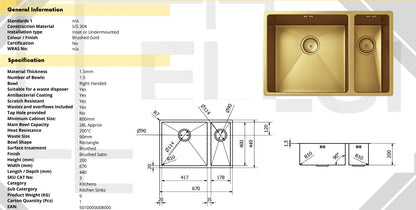 Midas Gold Undermount/Inset 1.5L Kitchen bowl Sink with base Luxury Tiles