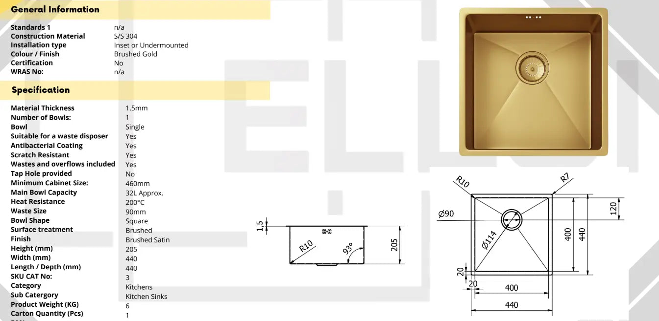 Midas Lalot Gold Undermount Kitchen sink with waste Luxury Tiles