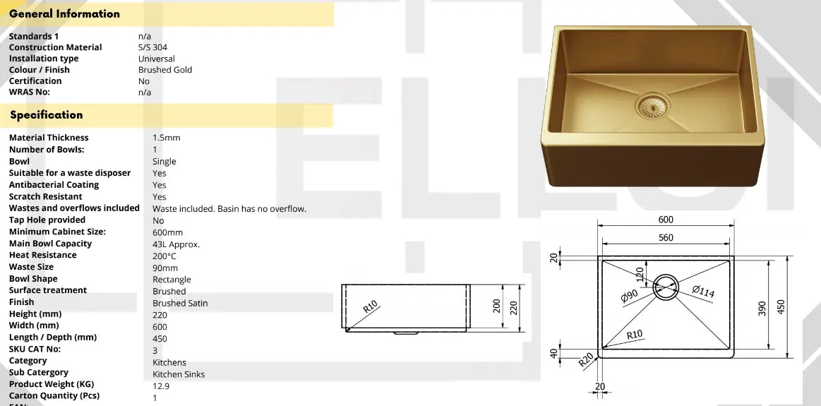 Ellsi Excel 1 Bowl Stainless Steel Belfast Style Kitchen Sink - Gold Ellsi