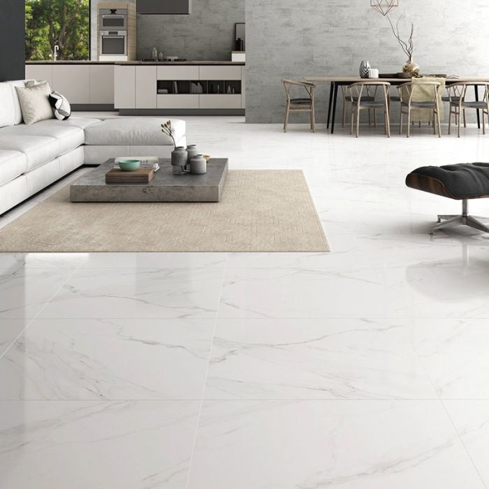 Carrara Marble Effect Gloss Tile 60x60cm - Luxury Tiles UK