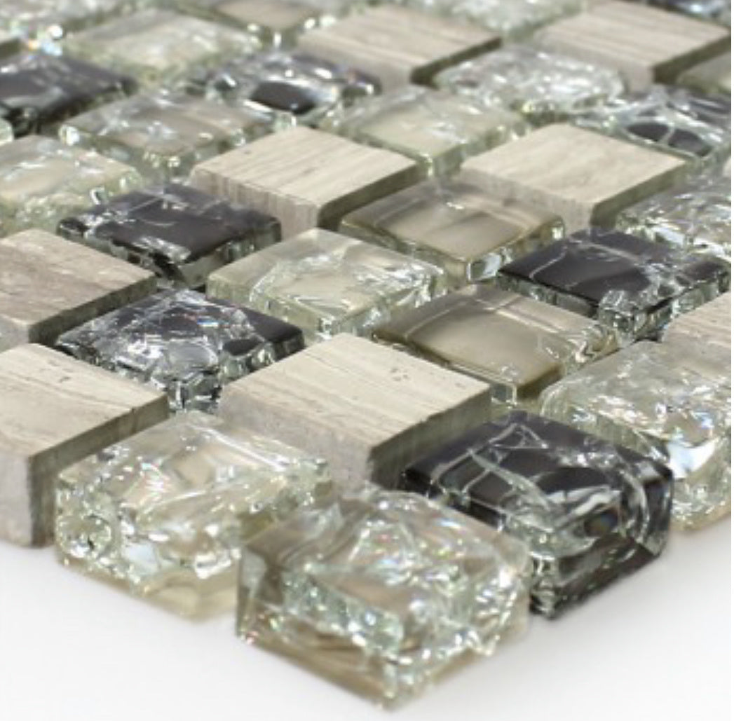 Felix Natural Glass and Green Grey Stone Mosaic Tile - Luxury Tiles UK