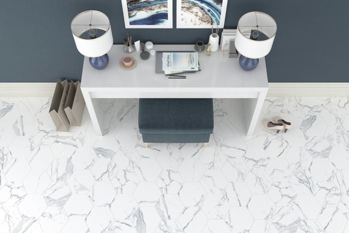 Esagono  White Hexagon Marble Effect Floor and  Wall Tile - Luxury Tiles UK