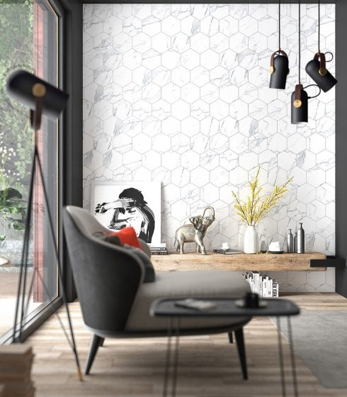 Esagono  White Hexagon Marble Effect Floor and  Wall Tile - Luxury Tiles UK