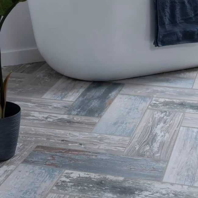 Blue Matt Wood Effect Wall and Floor Bathroom Tiles 
