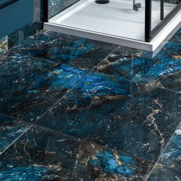 Galaxy Blue Marble Effect Polished Porcelain Floor Tile - Luxury Tiles UK