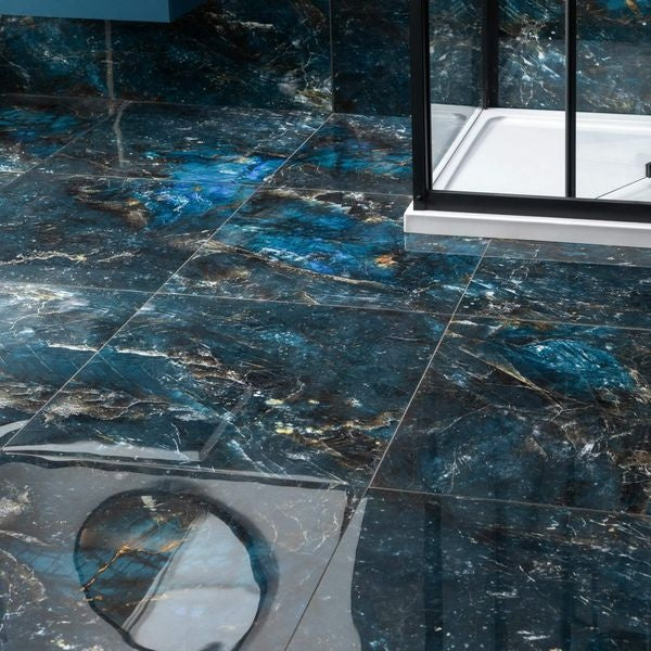 Galaxy Blue Marble Effect Polished Porcelain Floor Tile - Luxury Tiles UK