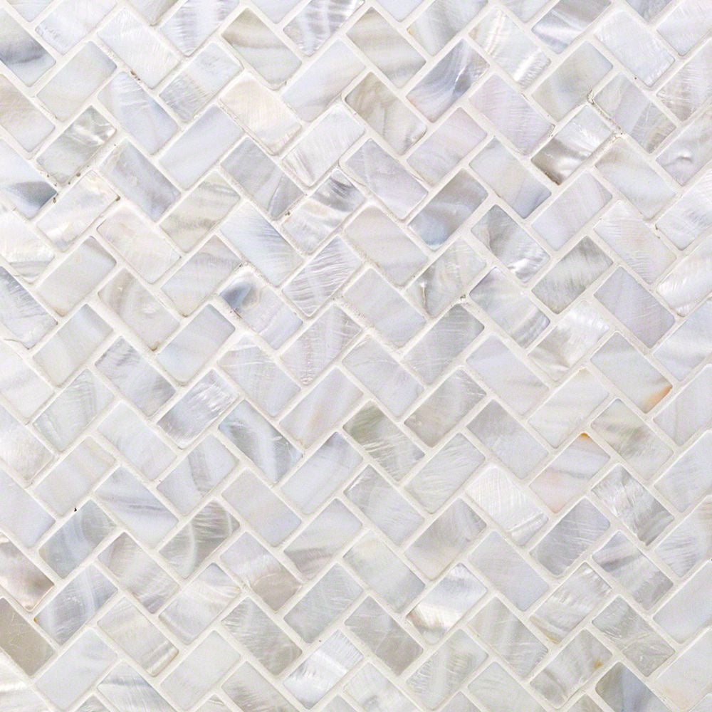 White mother of pearl herringbone polished mosaic tile