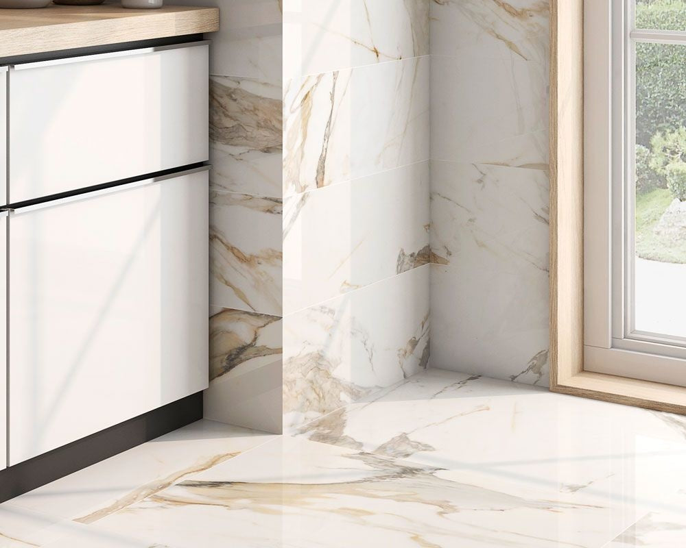 Golden Marble White effect Floor tile 600x600mm - Luxury Tiles UK