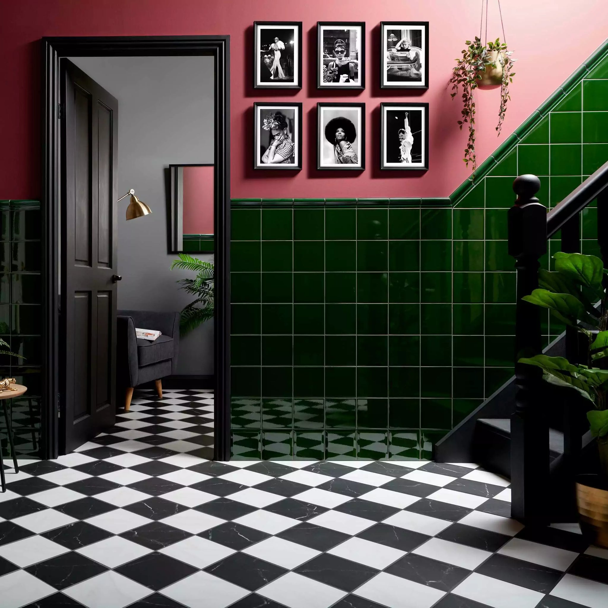 green border tiles in the living room 