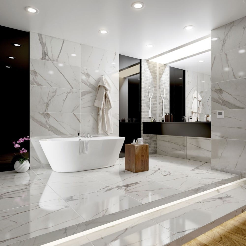 Belgravia Polished Statuario Marble Effect Tiles Floor & Wall 600x600mm - Luxury Tiles UK