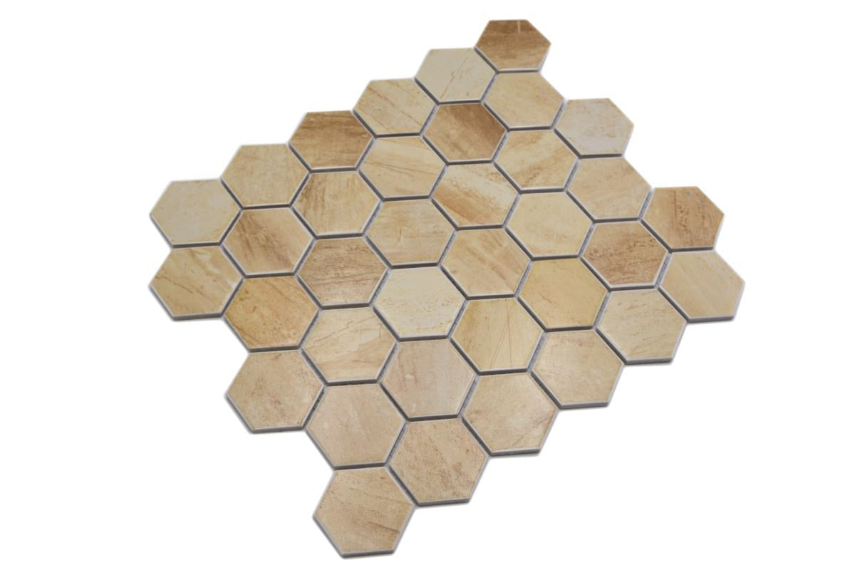 Stone Beige Hexagon Wood Effect Mosaic Tile - Luxury Tiles UK