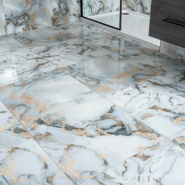 Galaxy White Gold Marble Effect Polished Porcelain Floor Tile - Luxury Tiles UK