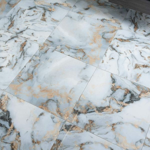 Galaxy White Gold Marble Effect Polished Porcelain Floor Tile - Luxury Tiles UK