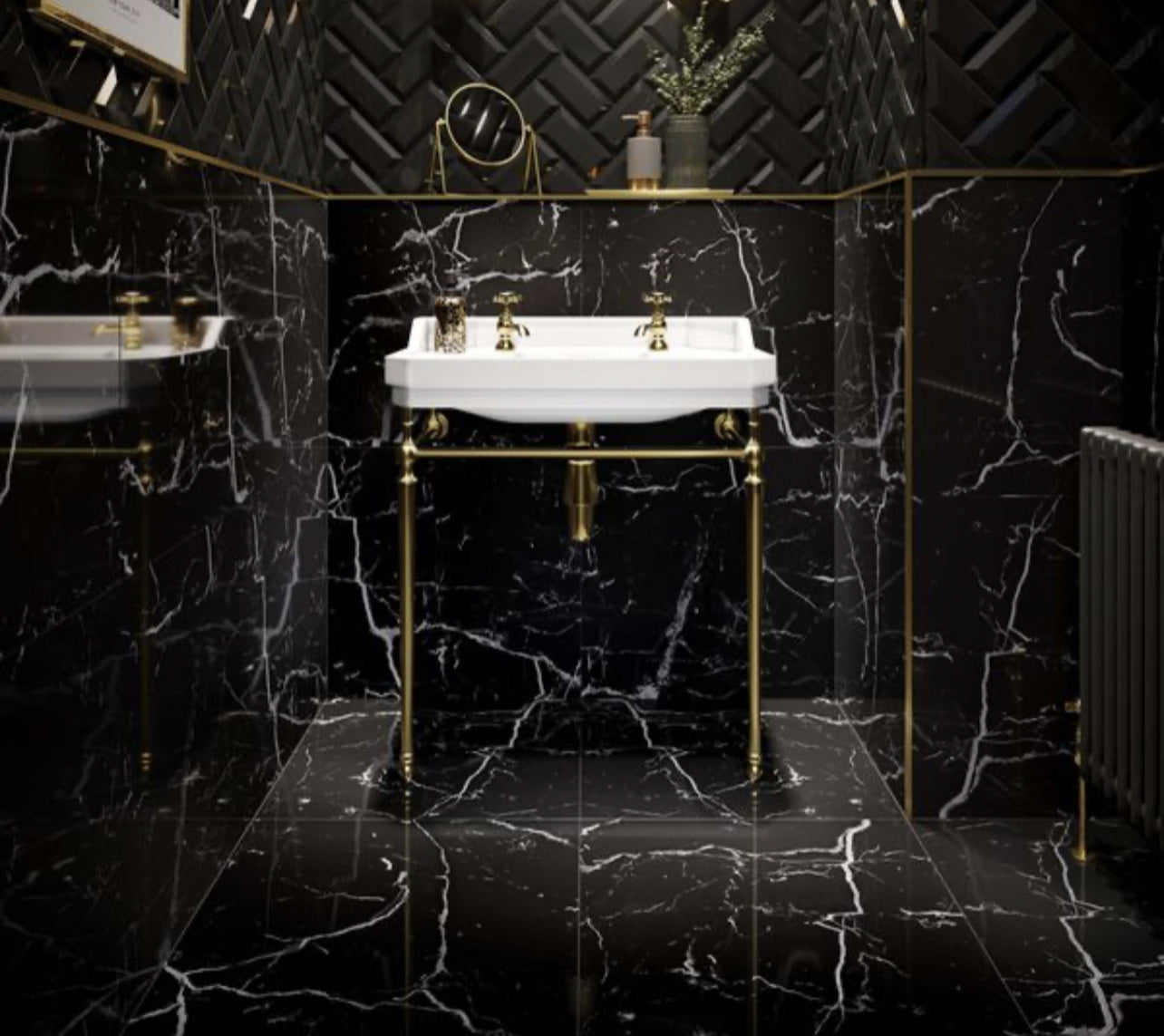 Nero Marquina Polished Marble Effect 600x600mm Porcelain Tile - Luxury Tiles UK