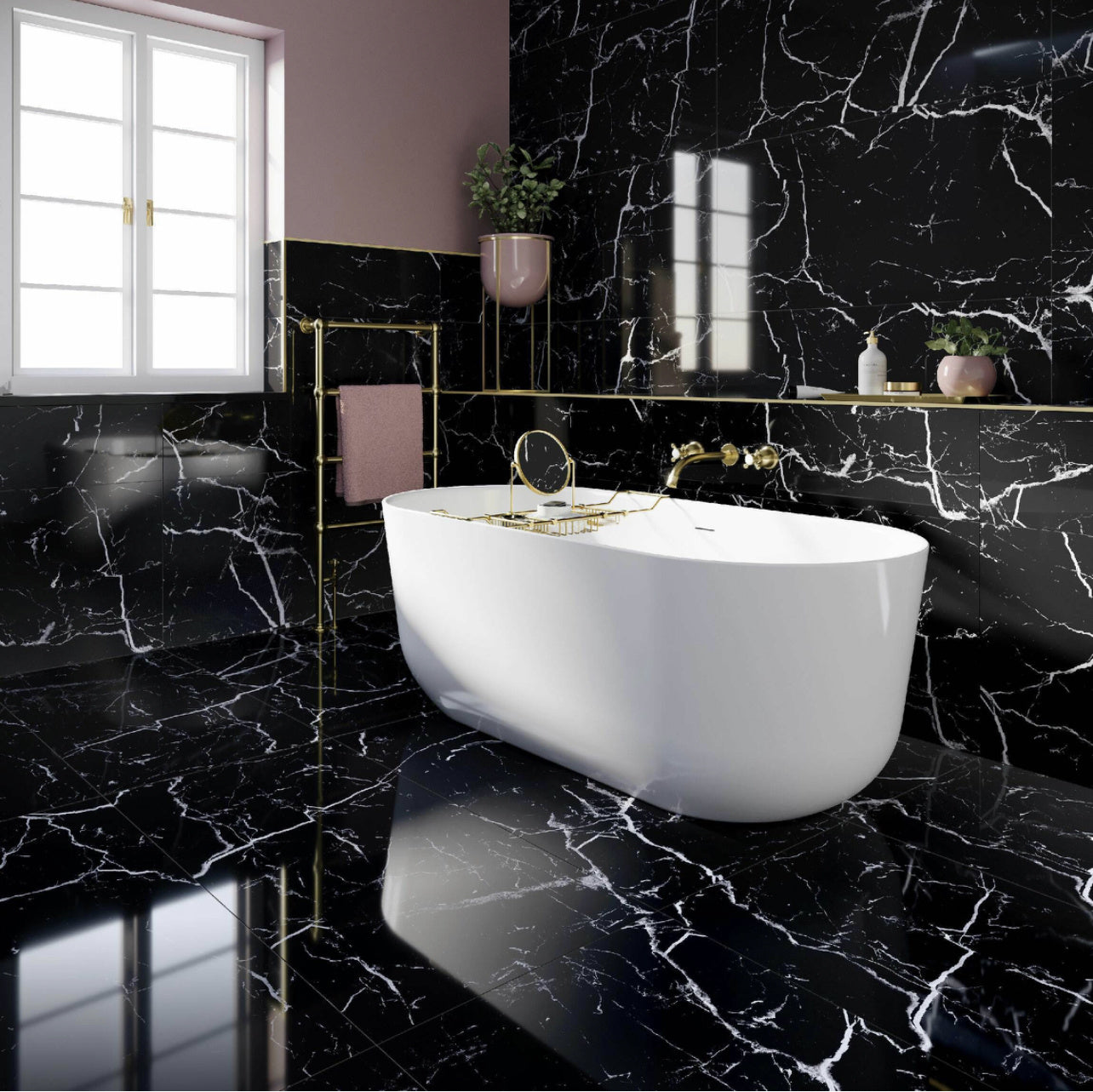 Nero Marquina High Polished 600x1200mm Marble Effect Tile - Luxury Tiles UK