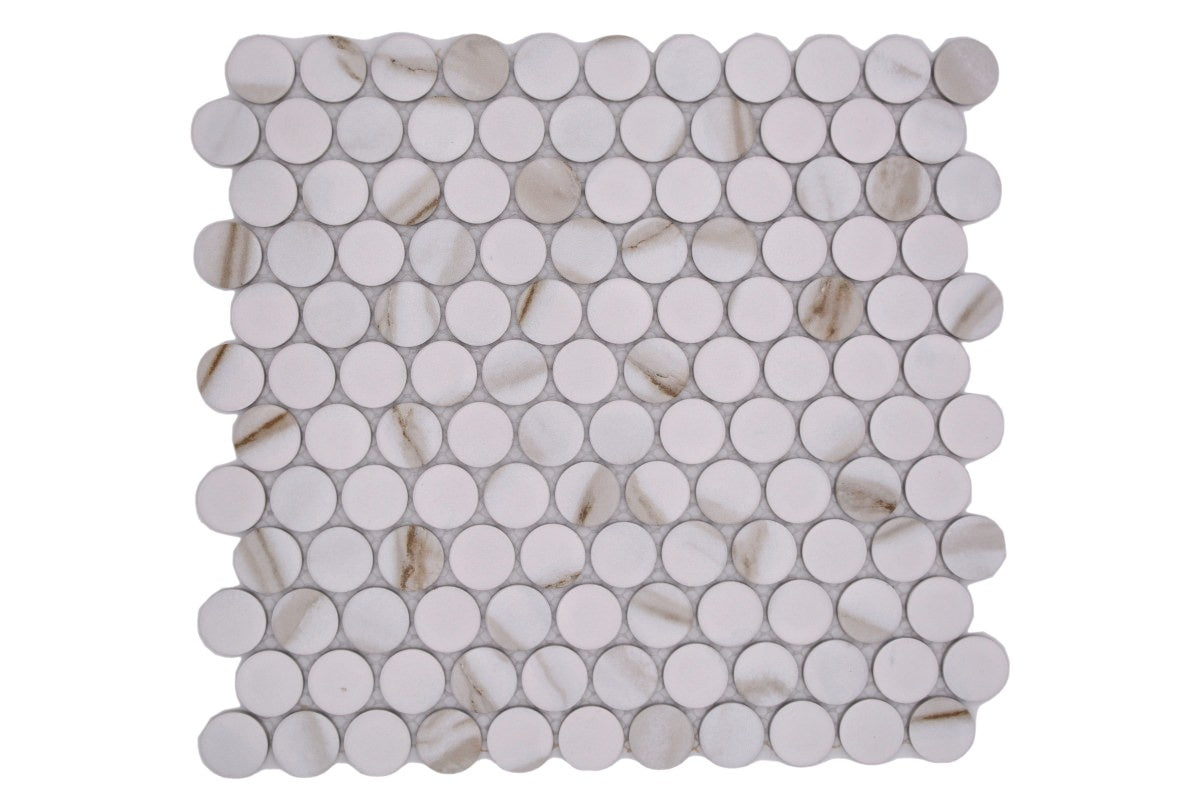 Roma Calacatta White Penny Mosaic 312 x 330 mm - Luxury Tiles UK