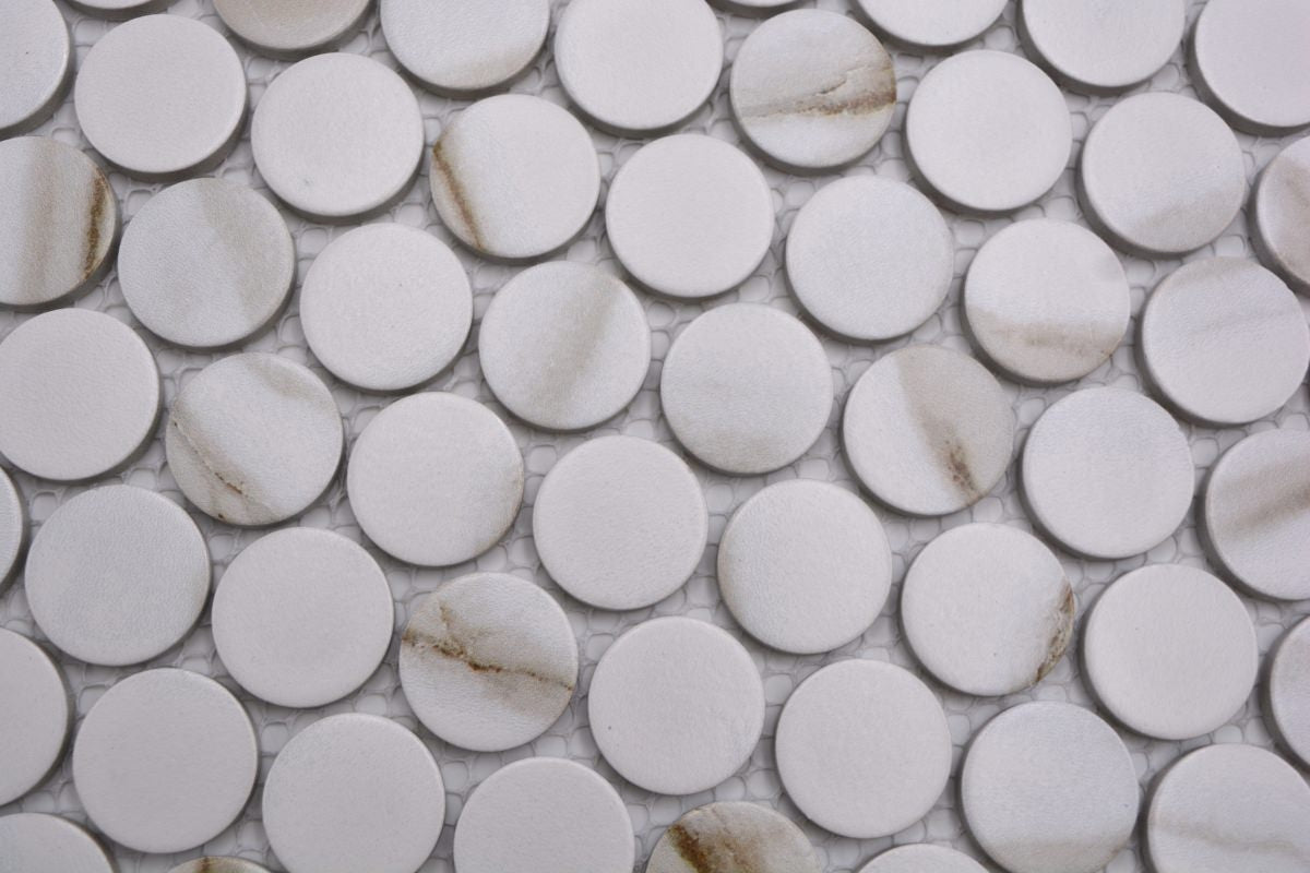 Roma Calacatta White Penny Mosaic 312 x 330 mm - Luxury Tiles UK