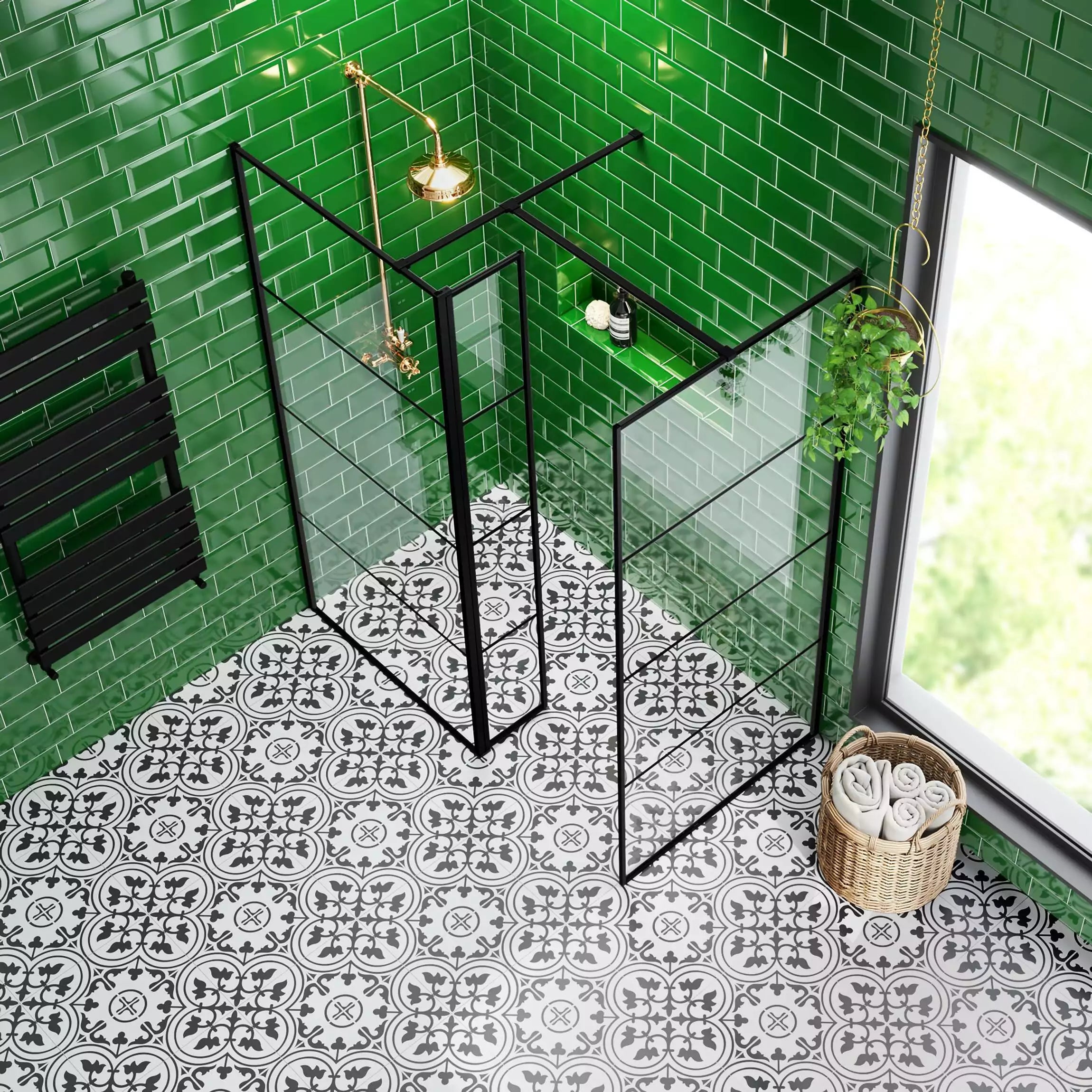 charter black patern tiles with green gloss metro tiles bathroom 