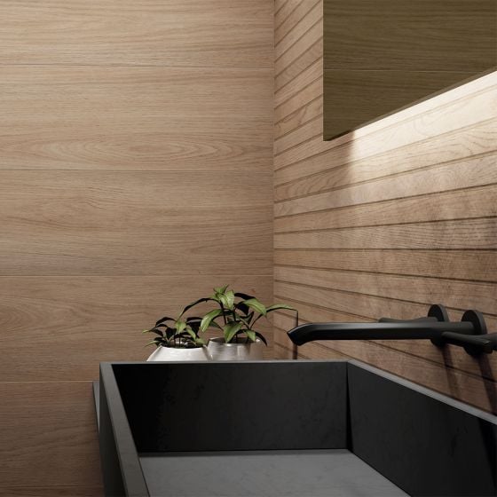 Cottage Natural Oak Slat Wood Effect Rectified Ceramic Wall Tile - 1200mm x 600mm - Luxury Tiles UK