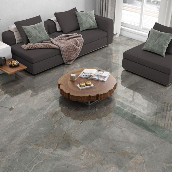 Los Madriles Grey Stone Effect Polished Rectified Extra Large Porcelain Floor Tile - 1200mm x 600mm - Luxury Tiles UK