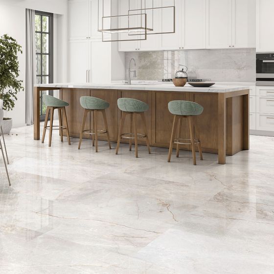 Los Madriles Light Grey Stone Effect Polished Rectified Extra Large Porcelain Floor Tile - 1200mm x 600mm - Luxury Tiles UK