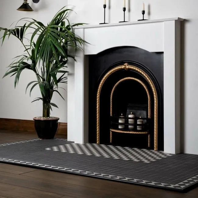 Luxury black mosaic tiles installed in contemporary fire place