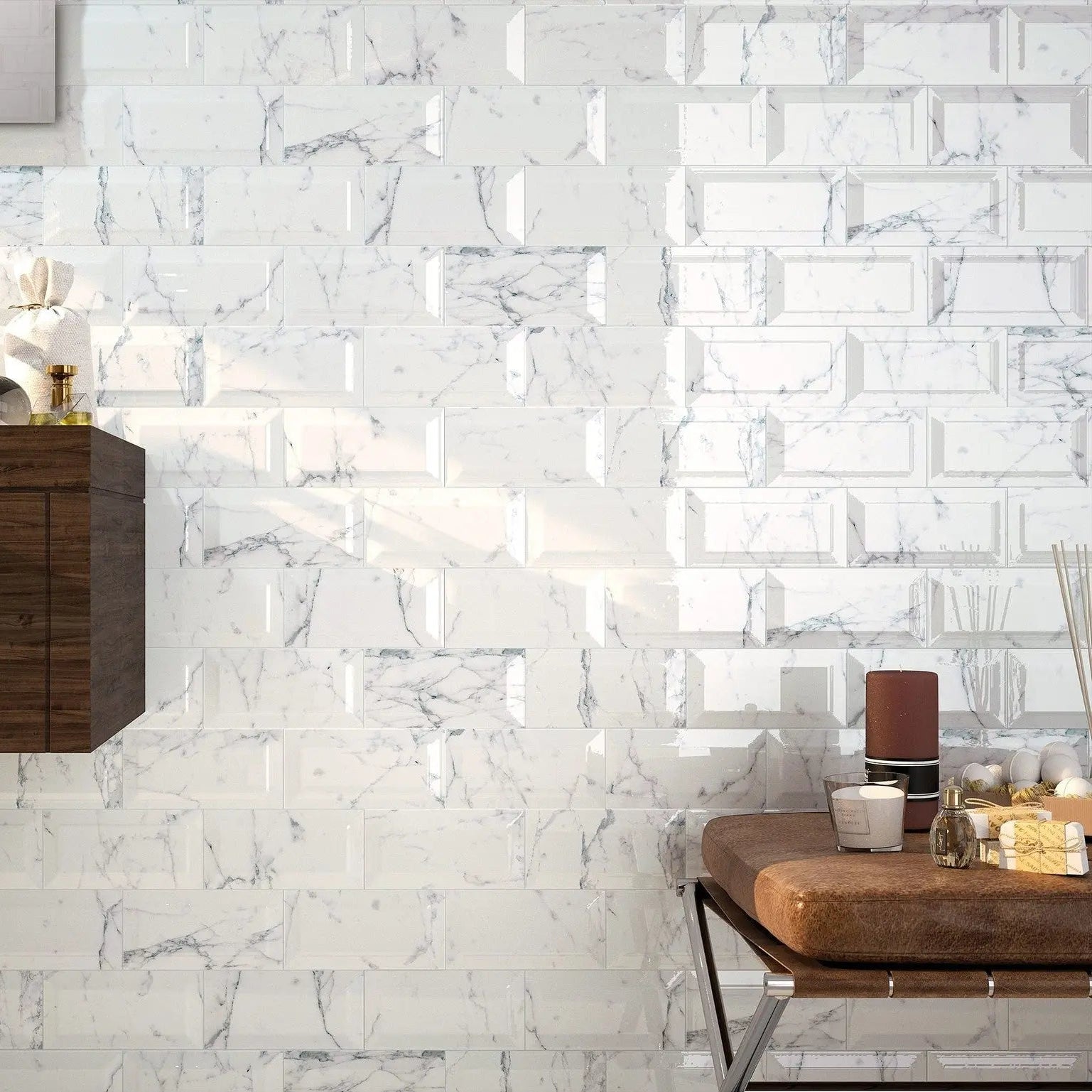 Carrara Marble effect Bevelled Metro 100 x200mmTile - Luxury Tiles UK