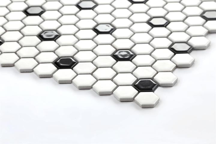 Carmen Black and White Hexagonal Mosaic Tile 270x310mm