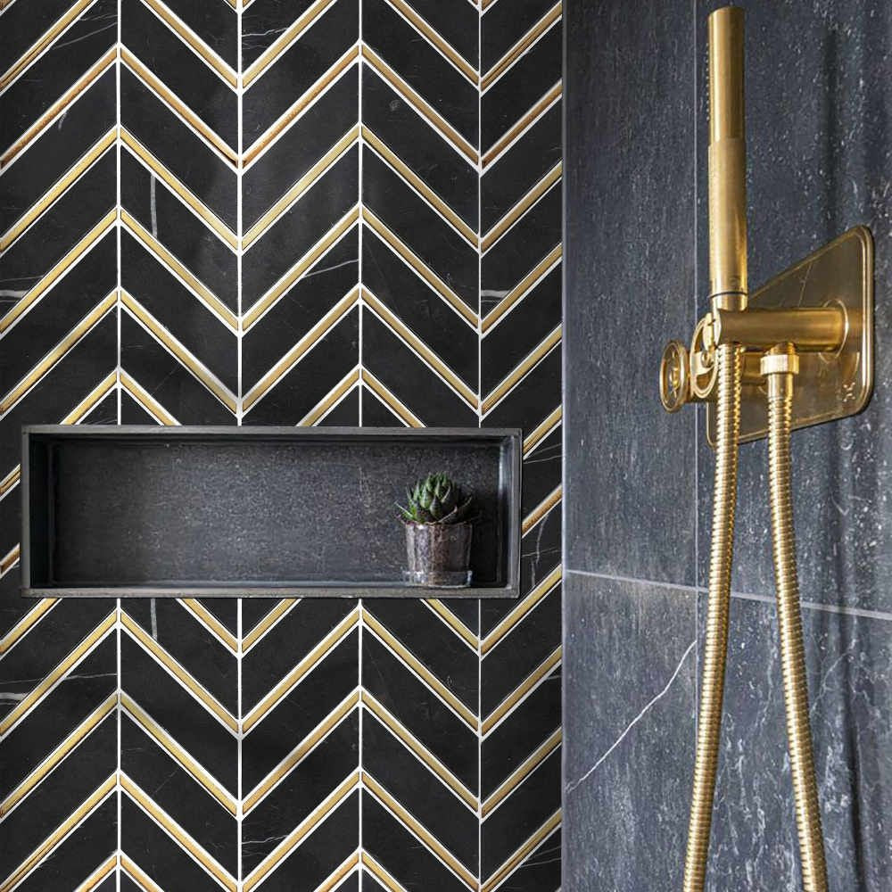 Valentino Black Chevron Marble  Wall Tile - Luxury Tiles UK