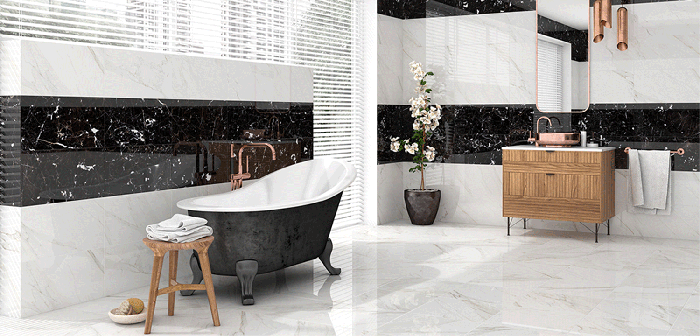 Nero Marquina Gloss Marble Effect Floor Tile 450x 450mm - Luxury Tiles UK