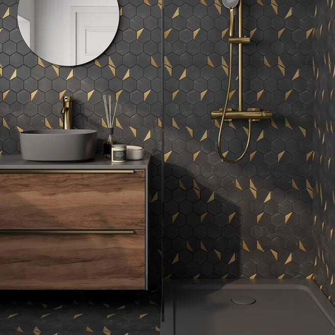 Noir Gold Hexagon Marble Mosaic Wall & Floor Tile - Luxury Tiles UK