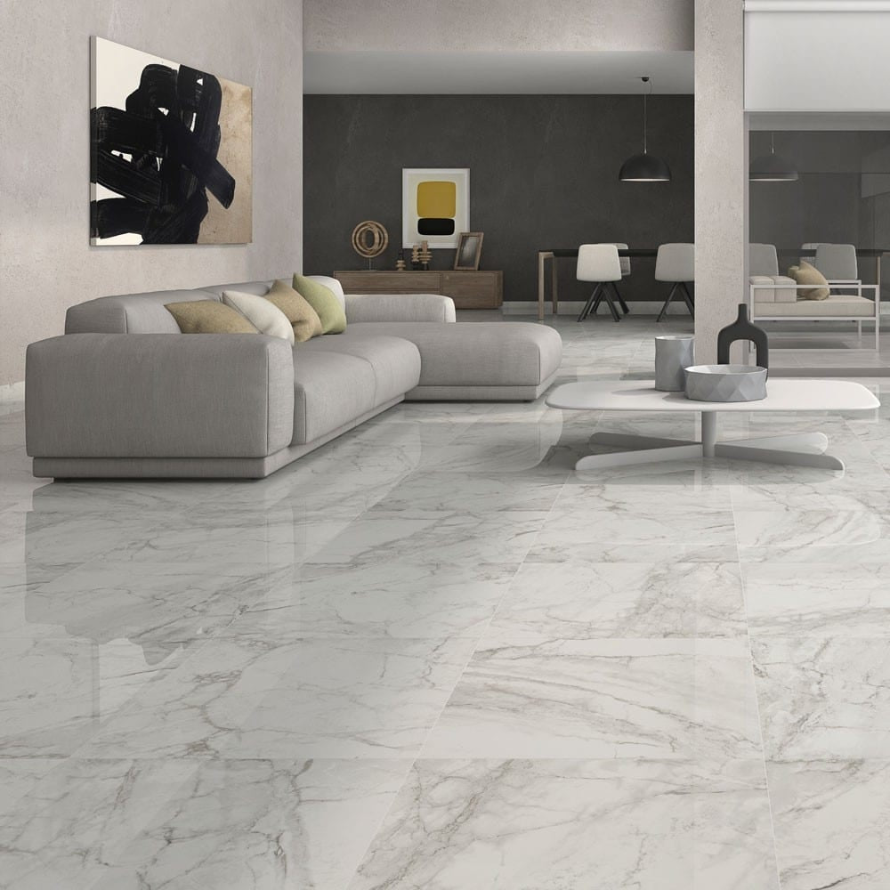 Brouille White Marble Effect 60x60 Polished Tiles - Luxury Tiles UK