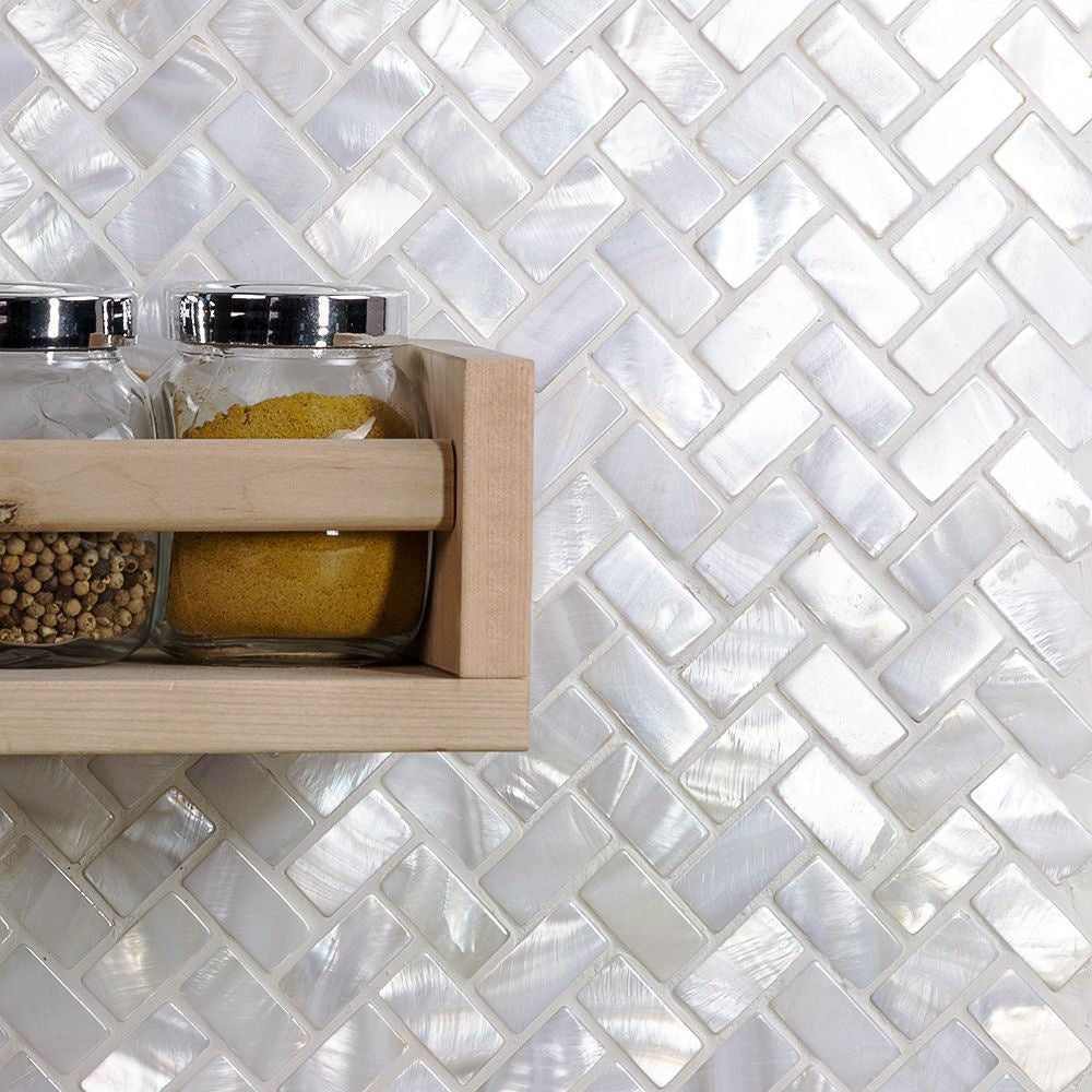 Mother of pearl mosaic herringbone tile