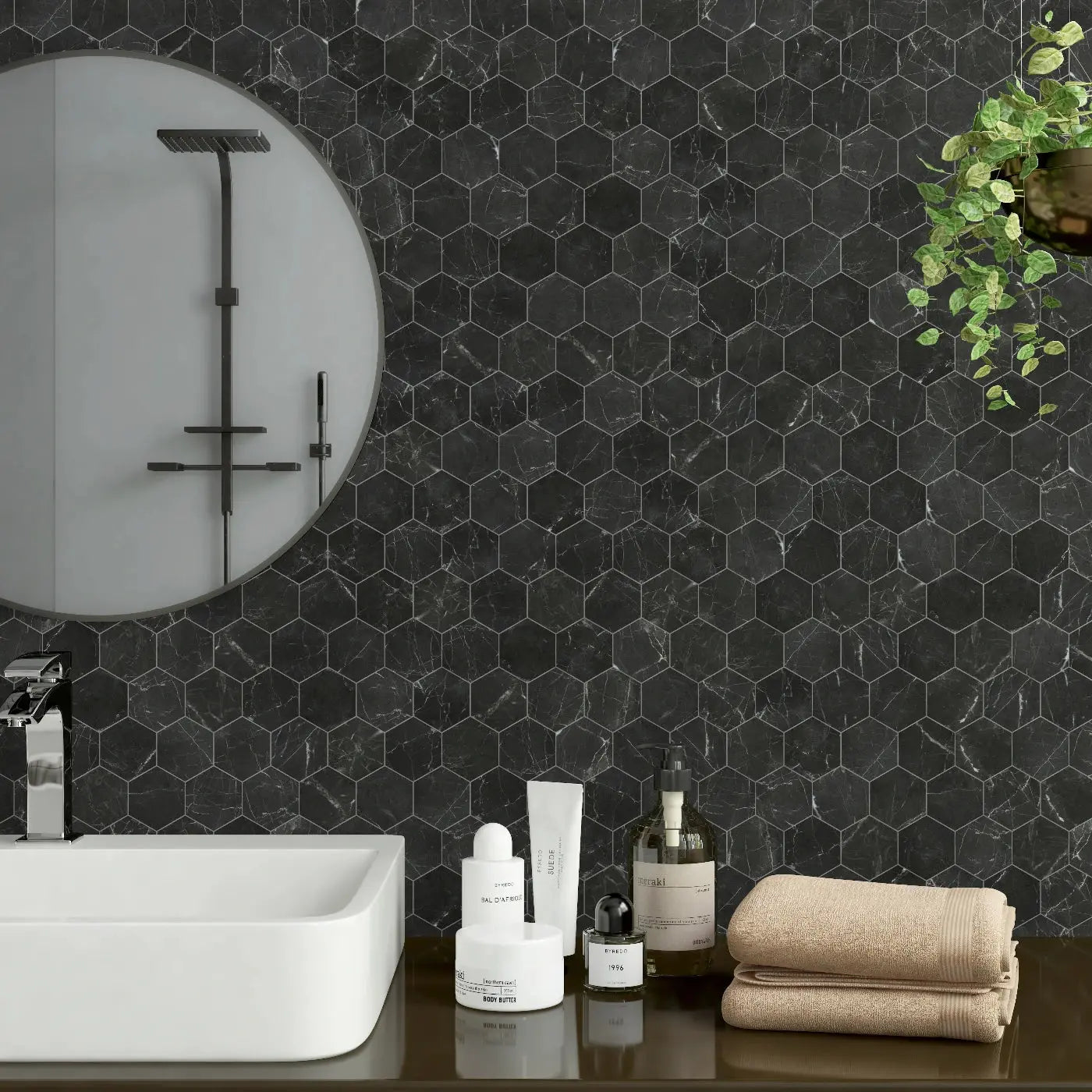 Amasya Black Honed Marble Hexagon Mosaic Tile Verona