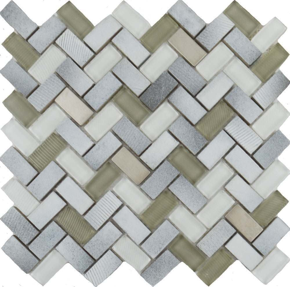 Herringbone Mix Basalt & Glass Mosaic Tile | Luxury Tiles UK