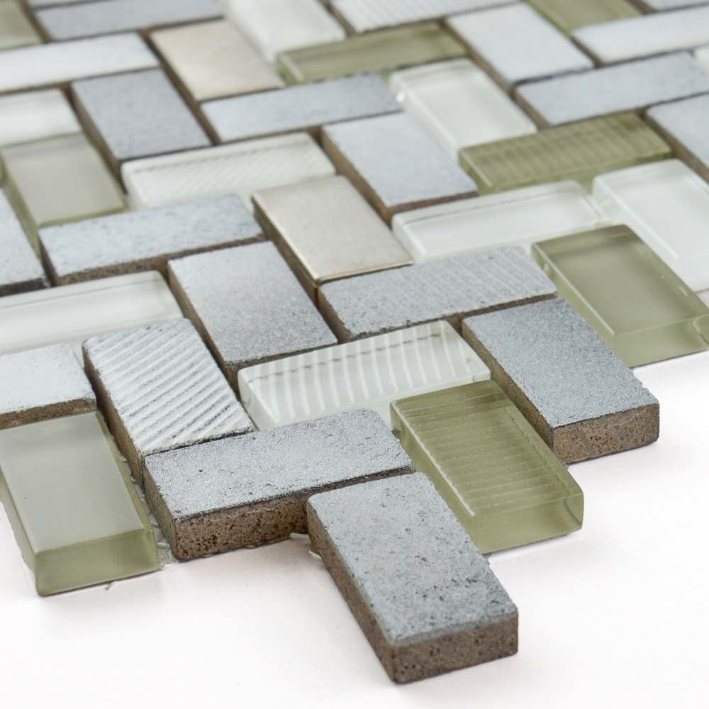 Herringbone Mix Basalt & Glass Mosaic Tile - Luxury Tiles UK