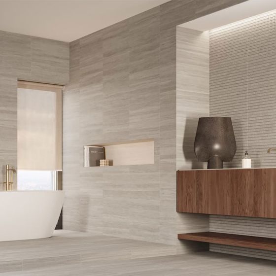 Orange Capital Grey Matt Travertine Effect Porcelain Wall & Floor Tile - 600mm x 300mm - Luxury Tiles UK