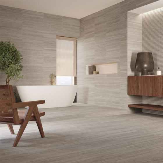 Orange Capital Grey Matt Travertine Effect Porcelain Floor Tile - 600mm x 600mm - Luxury Tiles UK