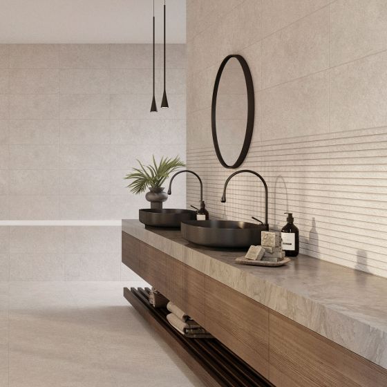 Orange Capital Ivory Matt Stone Effect Porcelain Feature Wall Tile - 600mm x 300mm - Luxury Tiles UK