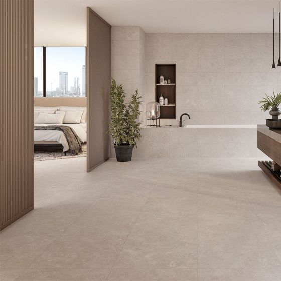Orange Capital Ivory Matt Stone Effect Porcelain Floor Tile - 600mm x 600mm - Luxury Tiles UK
