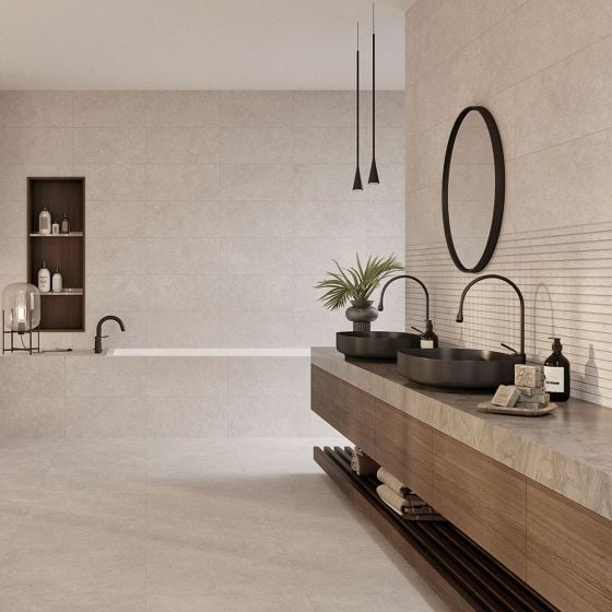 Orange Capital Ivory Matt Stone Effect Porcelain Wall & Floor Tile - 600mm x 300mm - Luxury Tiles UK