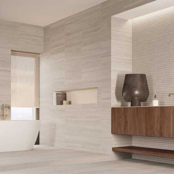 Orange Capital Ivory Matt Travertine Effect Porcelain Wall & Floor Tile - 600mm x 300mm - Luxury Tiles UK