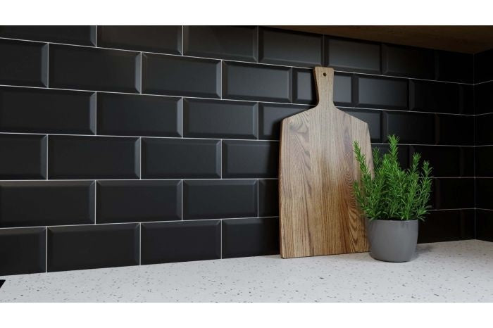 Black Bevelled Matt Metro Tile 10x20cm - Luxury Tiles UK