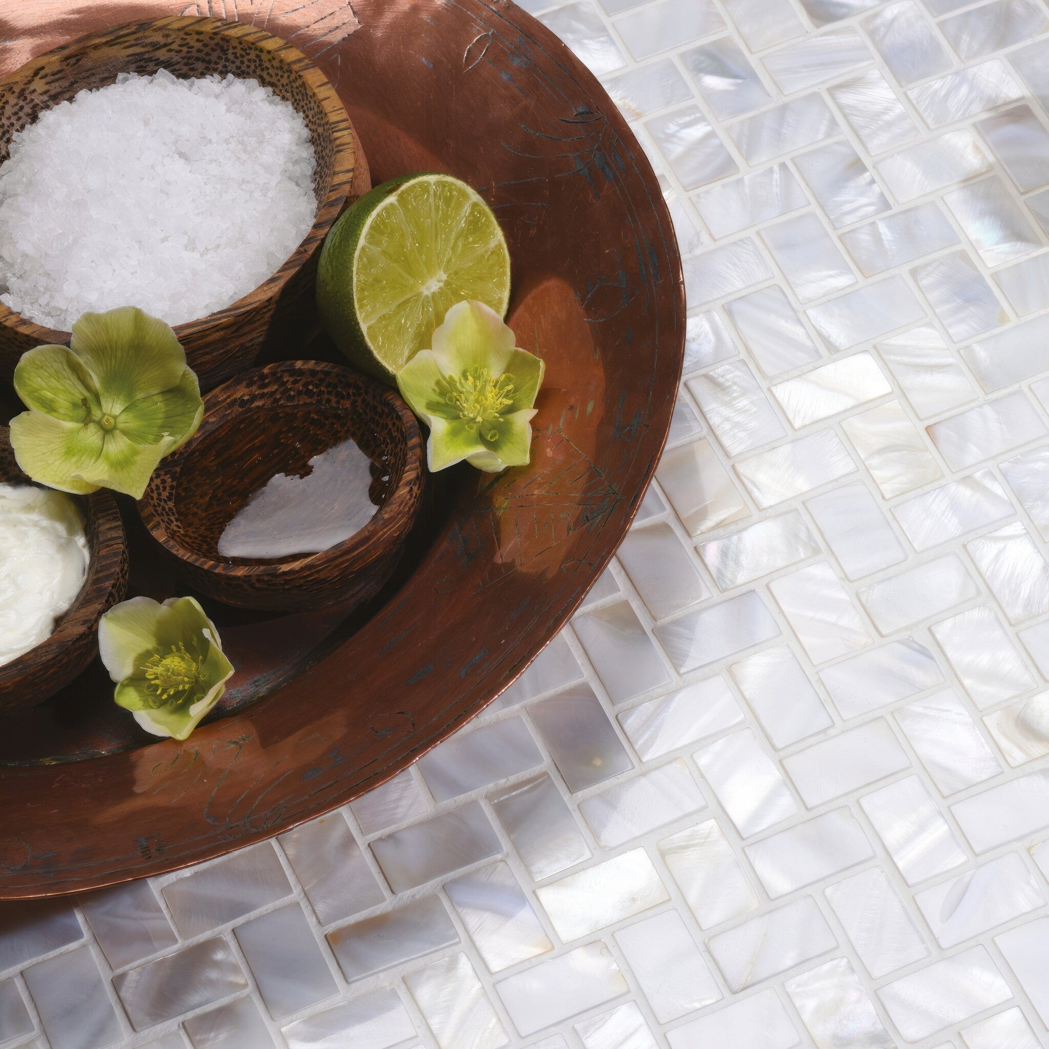 Oyster White Pearl Herringbone Polished Mosaic Tile | Luxury Tiles UK