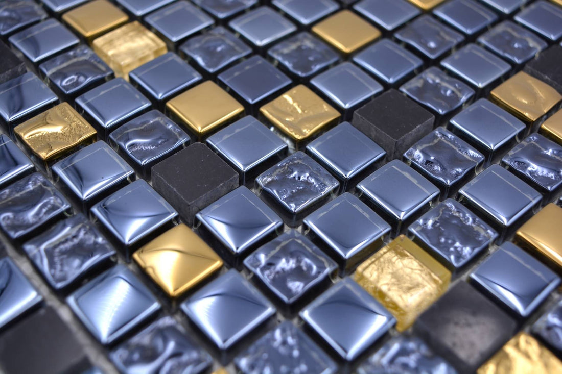 Midnight Sands Glass Natural Stone Mosaic Tile Black Gold - Luxury Tiles UK